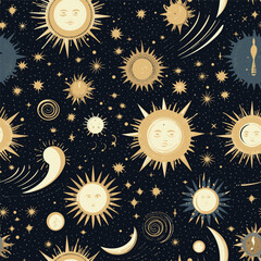 Vector magic seamless pattern with constellations, sun, moon and stars. Mystical esoteric background for design of fabric, packaging, astrology, phone case, wrapping paper. 