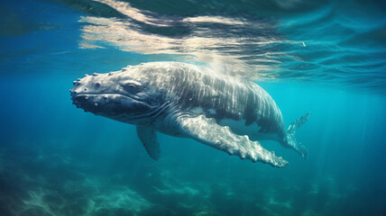 A Baby Humpback Whale Plays Near the Surface in Blue Water generative ai
