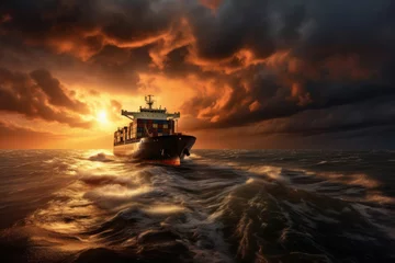 Fotobehang a sea container ship sails through a storm in the ocean © nordroden