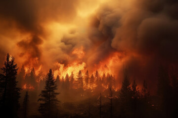 Fototapeta na wymiar very powerful forest fire, coniferous forest is burning, fire and smoke cover the sky