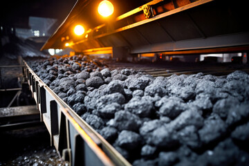 Conveyor filled with stone coal depicts the essence of underground resource excavation - obrazy, fototapety, plakaty
