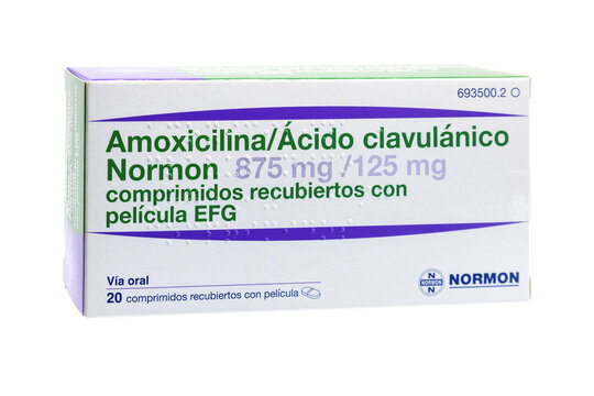 Huelva, Spain - September 25, 2023: Spanish box of a combination of amoxicillin and clavulanic acid, used to treat certain infections caused by bacteria. Amoxicillin is a penicillin-like antibiotics