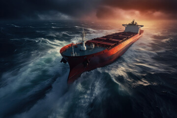 huge sea tanker sailing on the ocean, aerial view, dawn, severe storm - obrazy, fototapety, plakaty