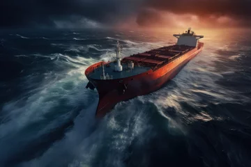Fotobehang huge sea tanker sailing on the ocean, aerial view, dawn, severe storm © nordroden