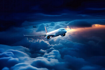 Naklejka na ściany i meble A passenger plane flying between clouds.