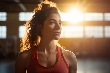 Close up portrait of attractive sport woman takes a breathe before continue training in gym - obrazy, fototapety, plakaty