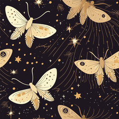 Vector seamless pattern with moon moth and stars. Contemporary composition. Trendy texture for print, textile, packaging.