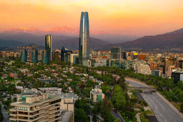 Panoramic view of Santiago de Chile with the Andes mountain range in the back
