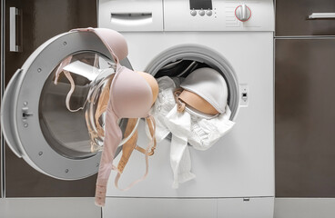 Washing a bra in a washing machine. There is a cover for linen.