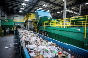 A conveyor belt filled with various types of trash in a waste recycling factory - 652936874