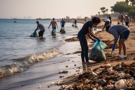 People actively cleaning up garbage on a beautiful beach