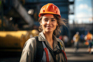 Smiling portrait of a beautiful woman with hard hat and reflective vest working at a container terminal in a port.