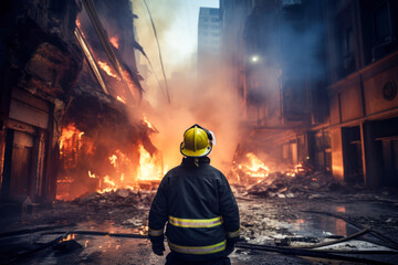Photo of a brave firefighter battling a raging fire in a building