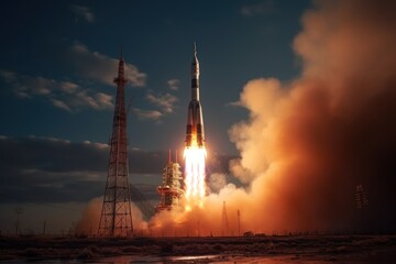 rocket launch vehicle from cosmodrome, taking off evening