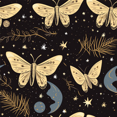 Vector seamless pattern with moon moth and stars. Contemporary composition. Trendy texture for print, textile, packaging.