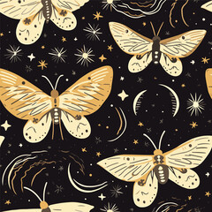 Vector seamless pattern with moon moth and stars. Contemporary composition. Trendy texture for print, textile, packaging.