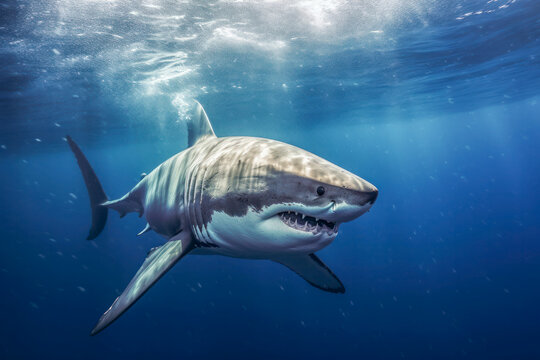 Haifisch, Wei&szlig;er Hai schwimmt im Meer, Generative AI