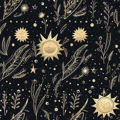 Vector seamless pattern with moon, plants and stars. Mystical esoteric background for design of fabric, packaging, astrology, phone case, wrapping paper.