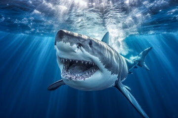 Haifisch, Weißer Hai schwimmt im Meer, Generative AI
