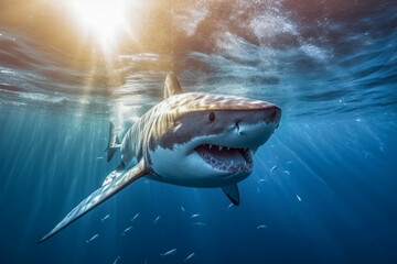 Fototapeta premium Haifisch, Weißer Hai schwimmt im Meer, Generative AI
