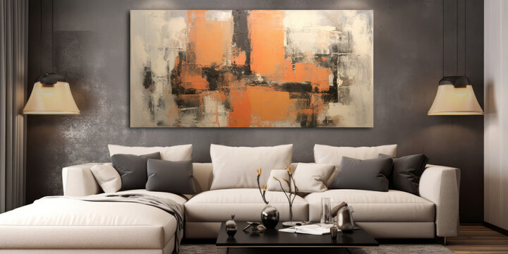 abstract art, modern painting, gray and orange wall art.generative ai