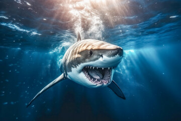 Naklejka premium Haifisch, Weißer Hai schwimmt im Meer, Generative AI
