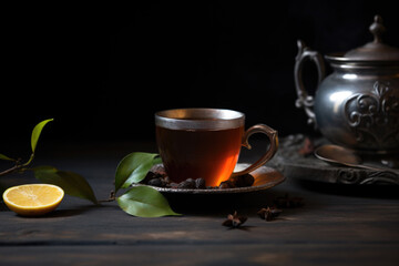 Obraz na płótnie Canvas Fresh hot black tea in a cup on a dark rustic background