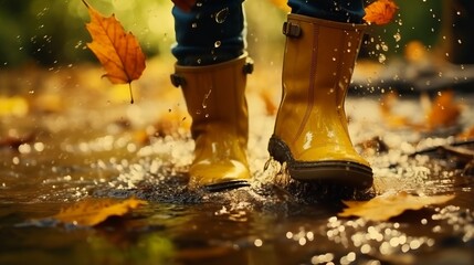 Feet  yellow rubber boots jumping in autumn puddles