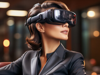 Geschäftsfrau mit einer VR-Brille, in einem Bürogebäude, Generative AI