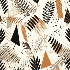 Vector triangle pattern with leaves. Scandinavian style. Linear boho sketch. Black and brown colors