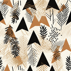 Vector triangle pattern with leaves. Scandinavian style. Linear boho sketch. Black and brown colors