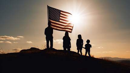 Silhouette of a family on a field on American Independence Day