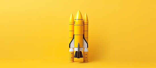 Minimalistic yellow toy spacecraft or rocket on a yellow backdrop representing a new and innovative concept in pop culture or business