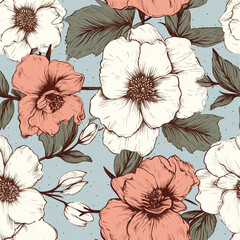 Vintage botanical seamless pattern. Vector hand drawn illustration of wild rose. Floral texture. Background with wild flowers and branches with leaves.