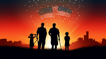 Fototapeta na wymiar Silhouette of a family on a field on American Independence Day