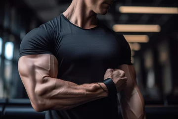 Foto op Plexiglas Man athlete show his pumped muscles after hard training in gym © Oleksandr Kozak
