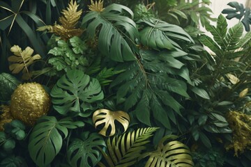 Visual representation of a bush of tropical green plants including Monstera, fern, and Eucalyptus leaves, adorned with gold glitter particles. Created with generative AI tools