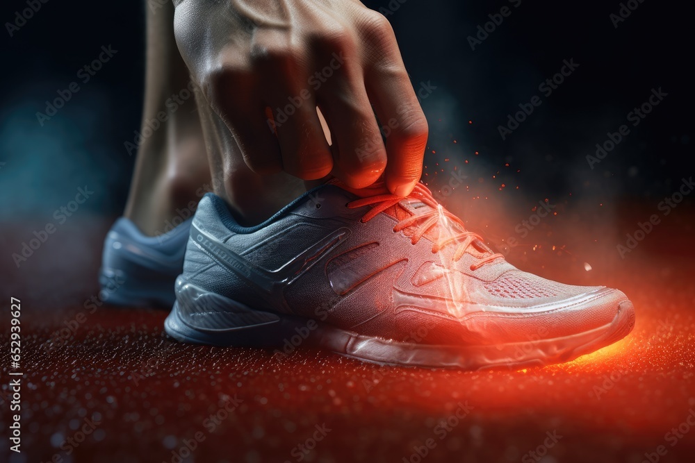 Poster A close-up photograph of a person tying a shoe. This image captures the intricate details of the shoe laces being tied. It can be used to showcase the process of getting ready or as a representation o