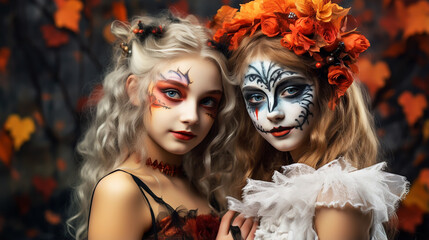 Obraz premium Children in costumes for the autumn holiday Halloween