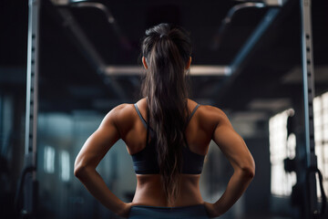 Rear view on woman athlete showing muscles on her shoulders and back in gym