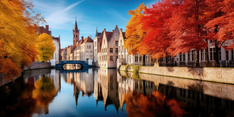 Fototapeta premium row of colorful houses in the bruges canals. low countries, netherlands, amsterdam, colorful houses, bright colors