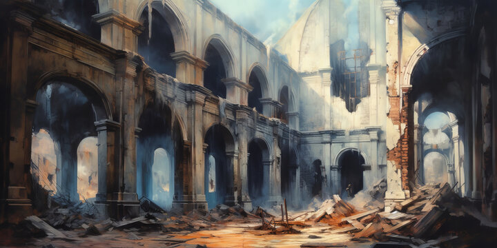 abstract art of empty Ruins of an old Christian church ,illustration painting.generative ai