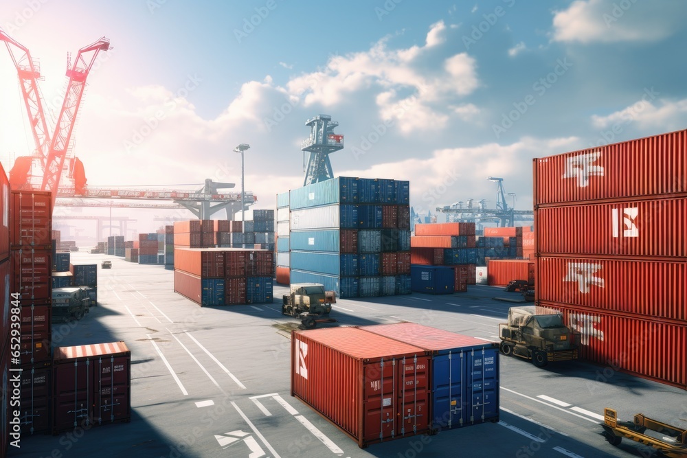 Aufkleber A picture of a large container yard with a crane in the background. This image can be used to depict industrial logistics, transportation, or global trade.