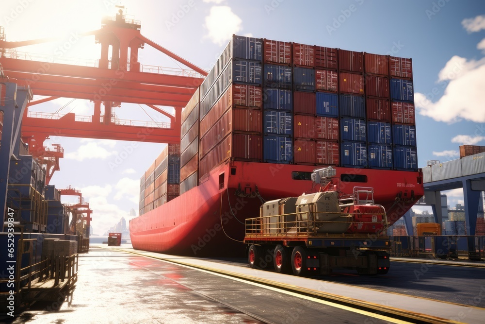 Poster A picture showing a large container ship being unloaded at a dock. This image can be used to depict logistics, international trade, shipping, or transportation.