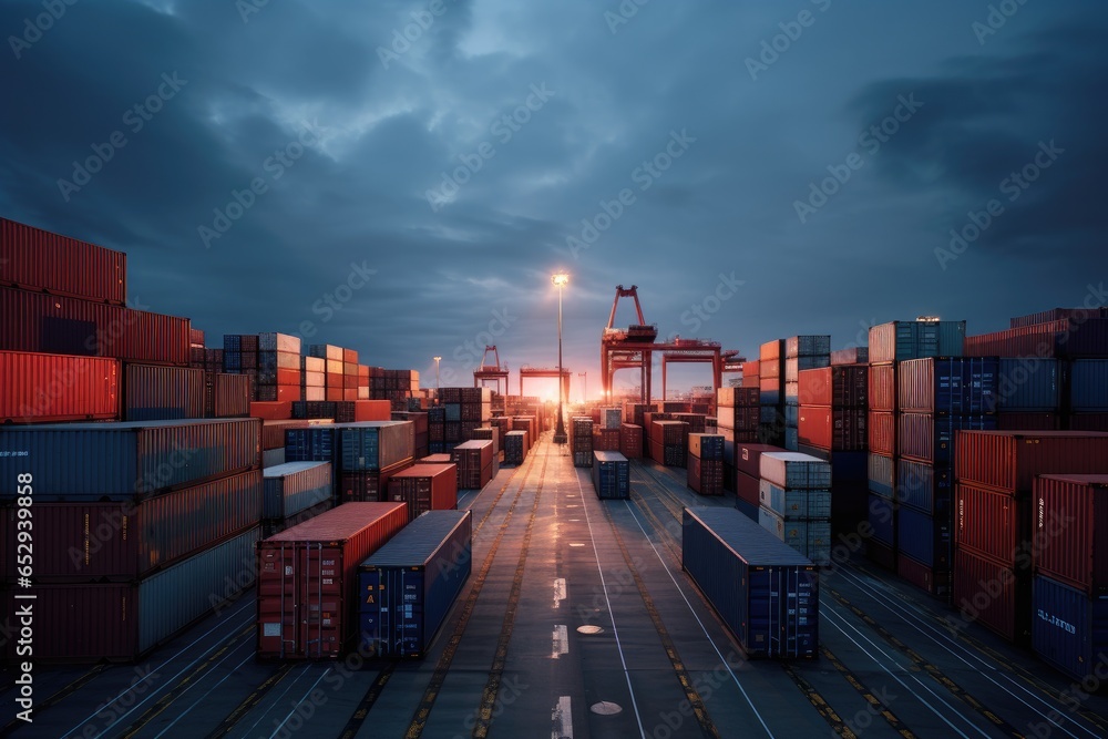 Poster A view of a large container yard filled with numerous containers. This image can be used to depict the logistics and transportation industry or the global trade and shipping sector.