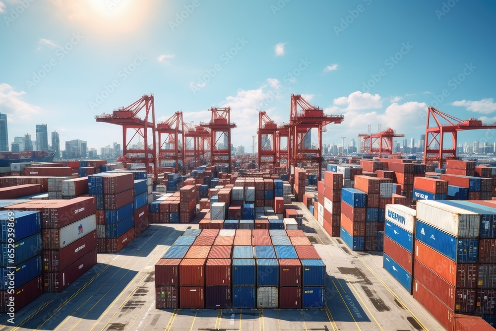 Poster A picture of a large container yard filled with numerous containers. This image can be used to depict logistics, shipping, transportation, or global trade.