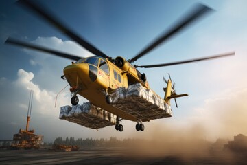 A yellow helicopter soaring through a clear blue sky. Perfect for aviation enthusiasts or travel-related designs.