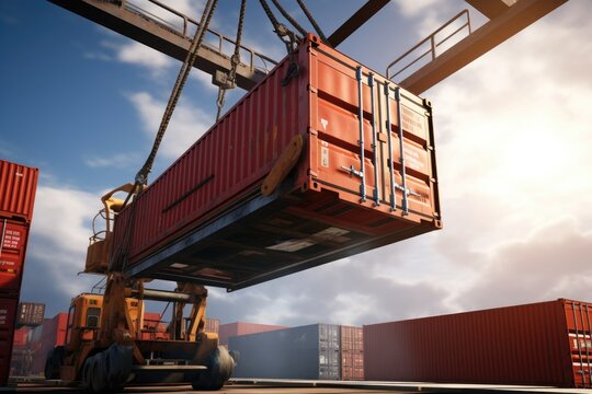 A crane is seen lifting a container and placing it onto a truck. This image can be used to showcase logistics, transportation, or loading and unloading operations.