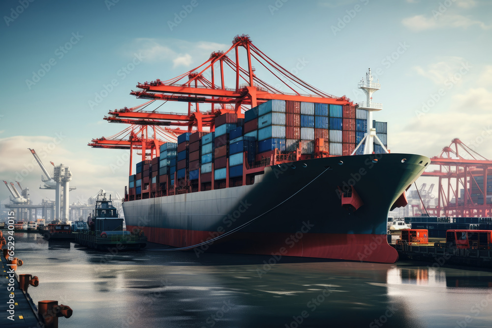 Poster a large cargo ship is seen docked at a dock. this image can be used to depict transportation, intern