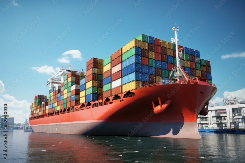 Poster A large container ship floating in the middle of a body of water. This image can be used to depict international trade, shipping industry, or transportation logistics.